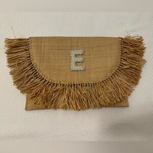 Beige Straw Clutch with Fringe and Monogram